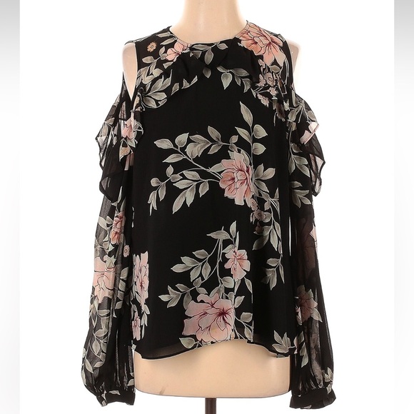 GUESS Adler Black Floral Cold Shoulder Ruffle Trim Long Sleeve Blouse Size Large - Picture 2 of 6